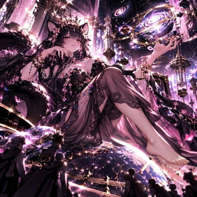 Vackeri as a goddess, seated among the stars above the Earth