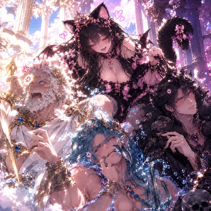 Vackeri laughing while three gods scowl in annoyance